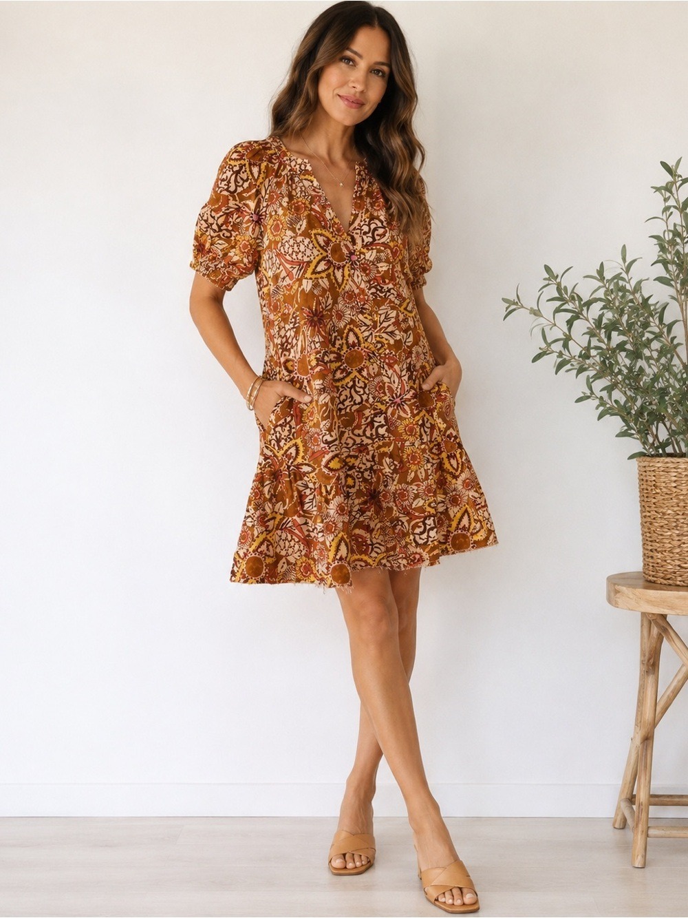 Anthropologie Pilcro Batik Cotton Dress NWT Puff Sleeve Tiered Pockets Boho Medi